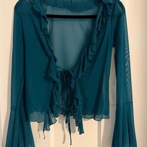 Teal Ruffle Tie-Front Sheer Top - Women